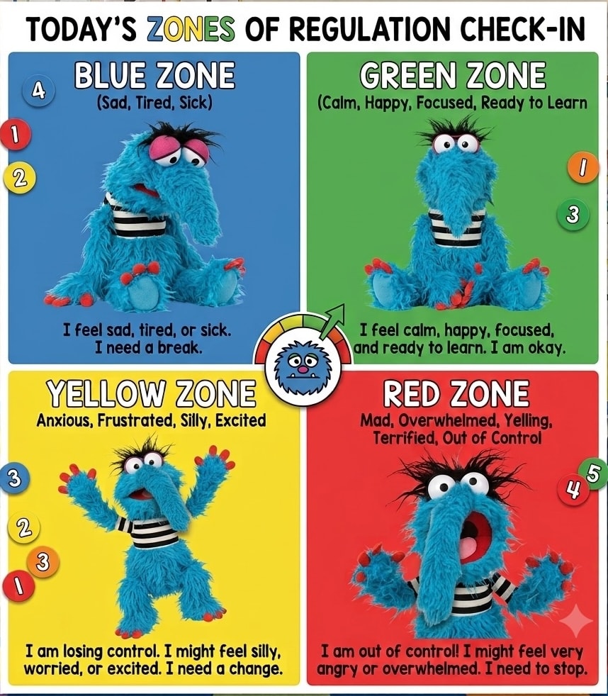 Zones of Regulation emotional check-in chart